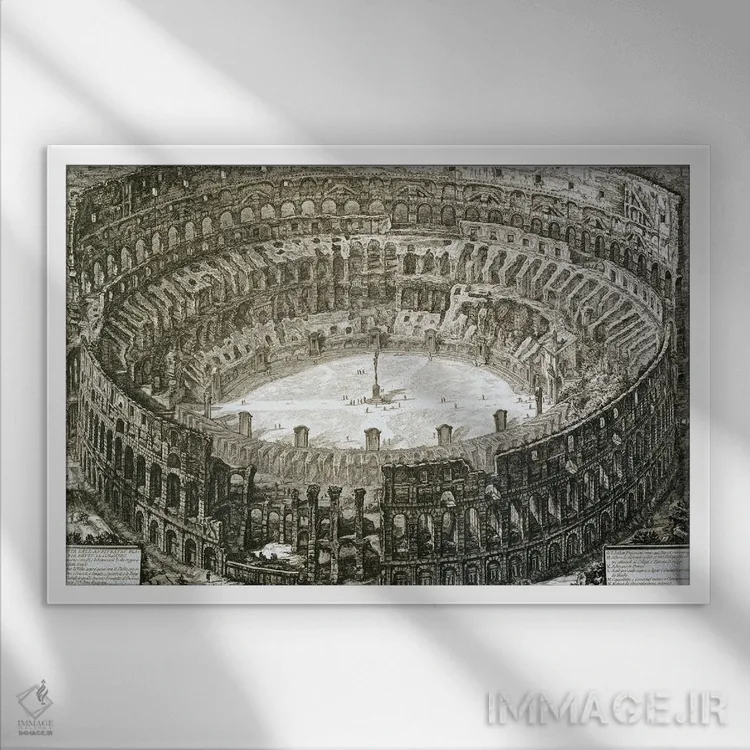 تابلو First Published In 1756, Printed Paris 1800,نمای هوایی کلوسئوم در رم از مجموعه "مناظر رم"، چاپ اول ۱۷۵۶، چاپ پاریس ۱۸۰۰ اثر جیووانی باتیستا پیرانزی (هنرمند و معمار ایتالیایی) - نمای قابدار سفید