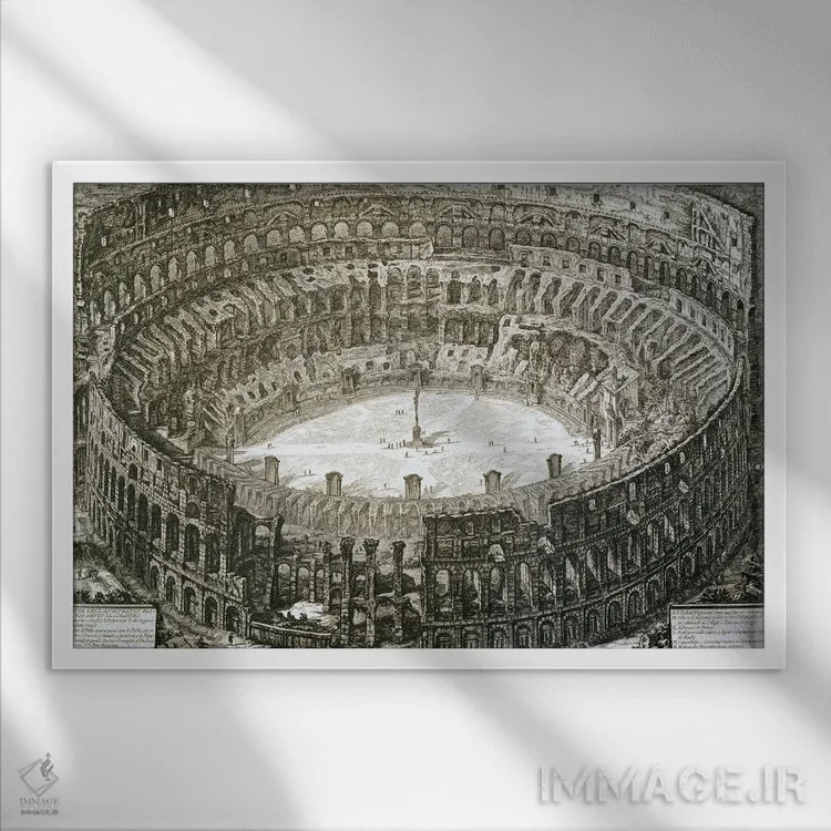 تابلو First Published In 1756, Printed Paris 1800,نمای هوایی کلوسئوم در رم از مجموعه "مناظر رم"، چاپ اول ۱۷۵۶، چاپ پاریس ۱۸۰۰ اثر جیووانی باتیستا پیرانزی (هنرمند و معمار ایتالیایی) - نمای قابدار سفید