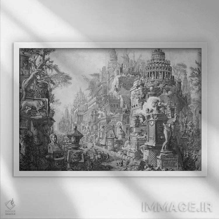 تابلو From 'Le Antichita Romane De G.B. Piranesi ', Published In Paris, 1835,صفحه آغازین تمثیلی رم و تاریخ آن، از کتاب "آثار باستانی رم" اثر پیرانزی، چاپ پاریس ۱۸۳۵ اثر جیووانی باتیستا پیرانزی (هنرمند و معمار ایتالیایی) - نمای قابدار سفید