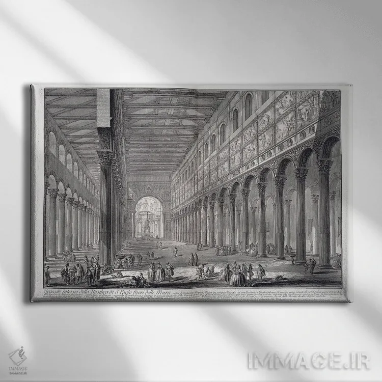 تابلو 1753-1837,داخل کلیسای سنت پل بیرون دیوارها، ۱۷۵۳–۱۸۳۷ اثر جیووانی باتیستا پیرانزی (هنرمند و معمار ایتالیایی) - نمای روبهرو روی دیوار