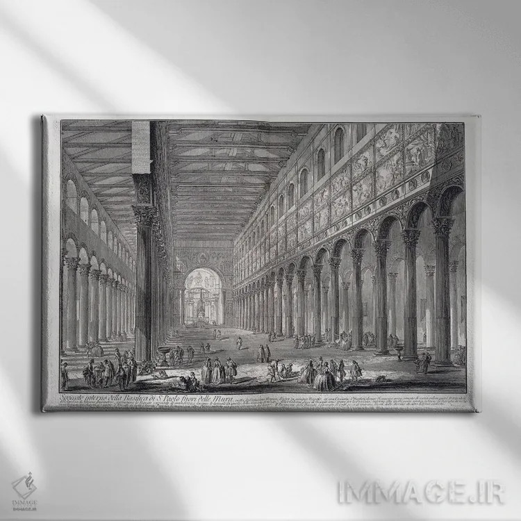 تابلو 1753-1837,داخل کلیسای سنت پل بیرون دیوارها، ۱۷۵۳–۱۸۳۷ اثر جیووانی باتیستا پیرانزی (هنرمند و معمار ایتالیایی) - نمای روبهرو روی دیوار