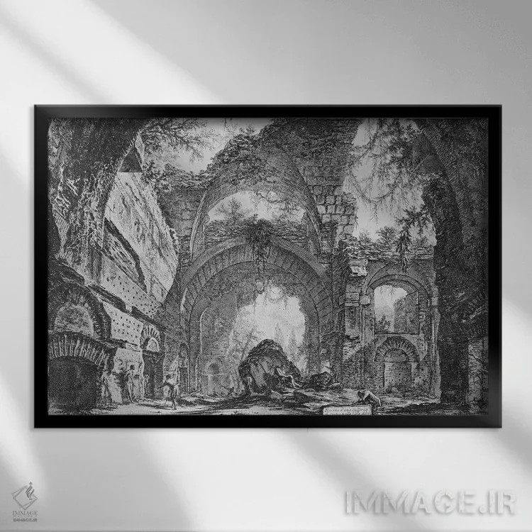 تابلو گالری مخروبه ویلای آدریانا در تیولی اثر جیووانی باتیستا پیرانزی (هنرمند و معمار ایتالیایی) - نمای قابدار مشکی