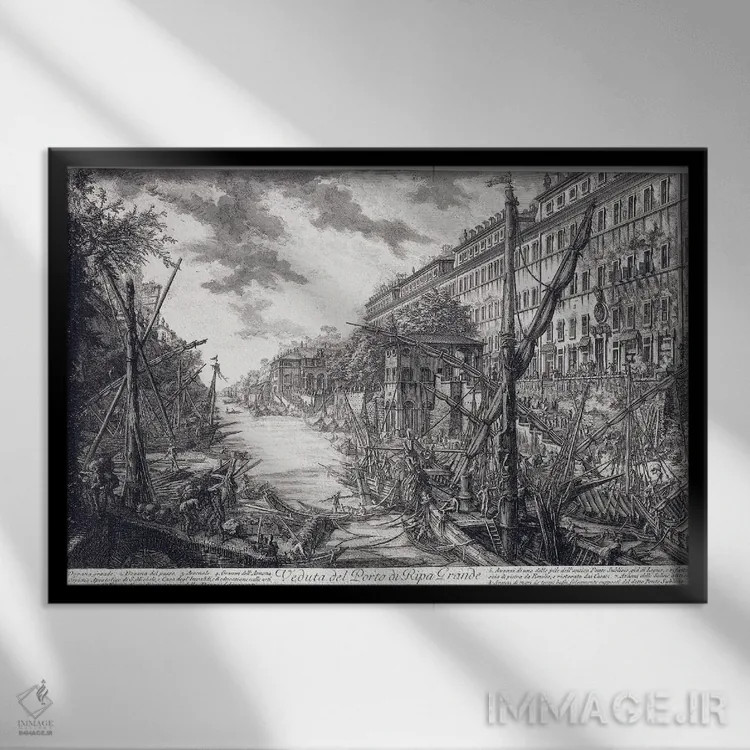 تابلو C.1760,نمای بندر ریپا گراند، حدود ۱۷۶۰ اثر جیووانی باتیستا پیرانزی (هنرمند و معمار ایتالیایی) - نمای قابدار مشکی