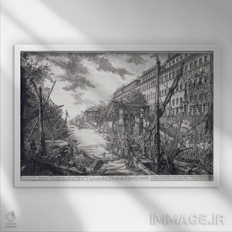 تابلو C.1760,نمای بندر ریپا گراند، حدود ۱۷۶۰ اثر جیووانی باتیستا پیرانزی (هنرمند و معمار ایتالیایی) - نمای قابدار سفید