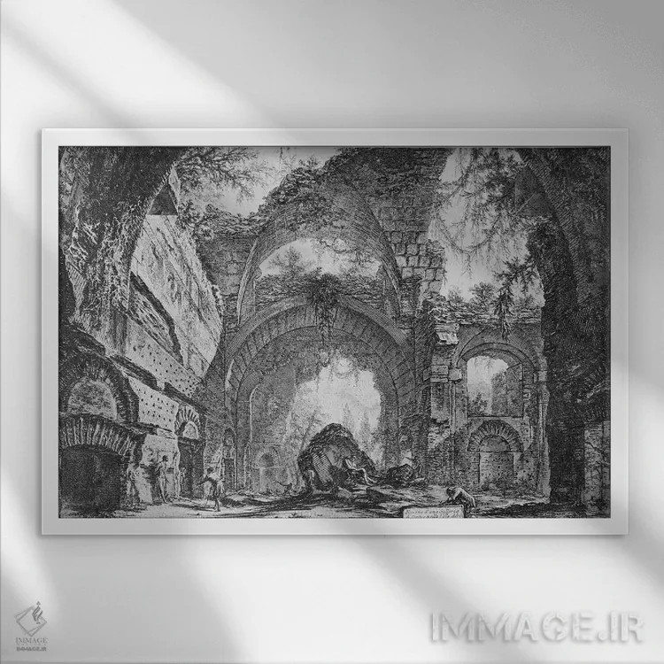 تابلو گالری مخروبه ویلای آدریانا در تیولی اثر جیووانی باتیستا پیرانزی (هنرمند و معمار ایتالیایی) - نمای قابدار سفید