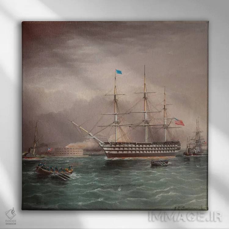 تابلو کشتی یواساس پنسیلوانیا در حال یدککشی همزمان با آغاز جنگ داخلی آمریکا، با نمای دژ مونرو در پسزمینه اثر جیمز ای. باترسورث - نمای روبهرو روی دیوار