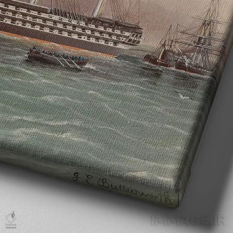 تابلو کشتی یواساس پنسیلوانیا در حال یدککشی همزمان با آغاز جنگ داخلی آمریکا، با نمای دژ مونرو در پسزمینه اثر جیمز ای. باترسورث - نمای نزدیک بافت بوم