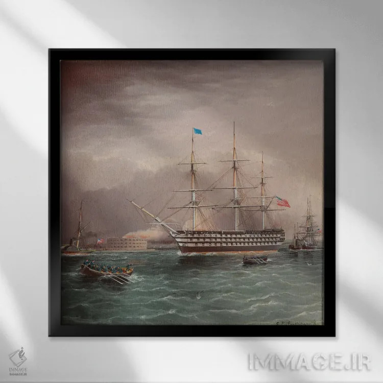 تابلو کشتی یواساس پنسیلوانیا در حال یدککشی همزمان با آغاز جنگ داخلی آمریکا، با نمای دژ مونرو در پسزمینه اثر جیمز ای. باترسورث - نمای قابدار مشکی