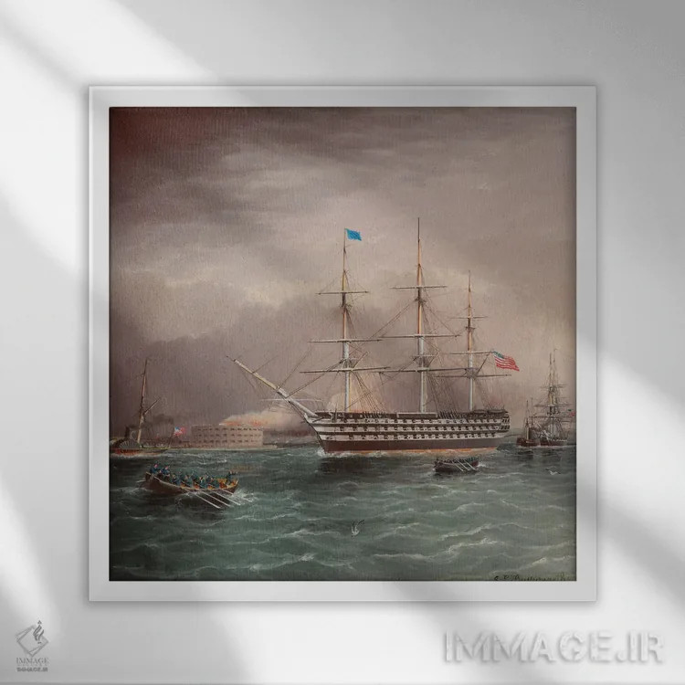تابلو کشتی یواساس پنسیلوانیا در حال یدککشی همزمان با آغاز جنگ داخلی آمریکا، با نمای دژ مونرو در پسزمینه اثر جیمز ای. باترسورث - نمای قابدار سفید