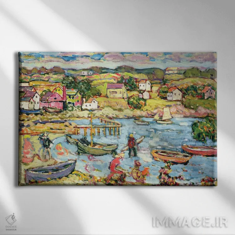 تابلو منظره با قایقهای پارویی، ۱۹۱۶-۱۸ اثر موریس برزیل پرندرگست (نقاش امپرسیونیست آمریکایی) - نمای روبهرو روی دیوار