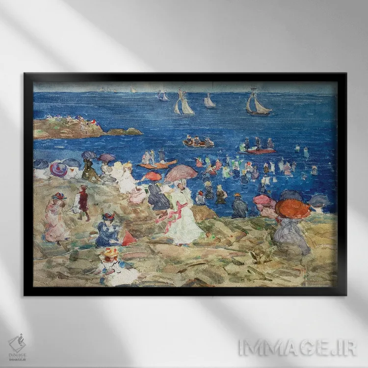 تابلو C.1896-97,صحنه ساحلی نیوانگلند، حدود ۱۸۹۶-۹۷ اثر موریس برزیل پرندرگست (نقاش امپرسیونیست آمریکایی) - نمای قابدار مشکی