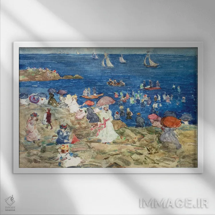 تابلو C.1896-97,صحنه ساحلی نیوانگلند، حدود ۱۸۹۶-۹۷ اثر موریس برزیل پرندرگست (نقاش امپرسیونیست آمریکایی) - نمای قابدار سفید