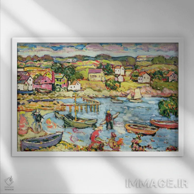 تابلو منظره با قایقهای پارویی، ۱۹۱۶-۱۸ اثر موریس برزیل پرندرگست (نقاش امپرسیونیست آمریکایی) - نمای قابدار سفید