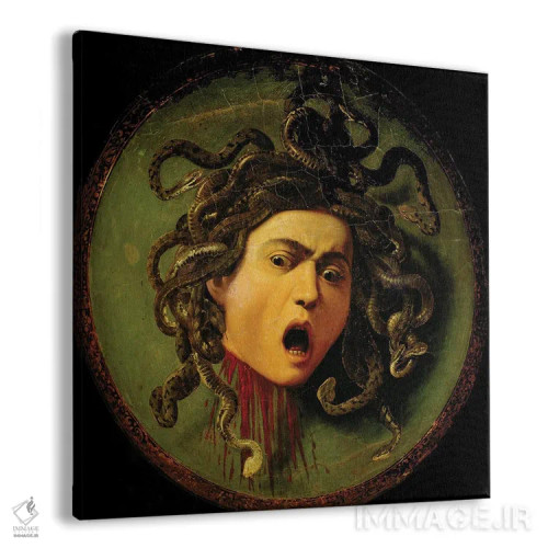 تابلو Painted On A Leather Jousting Shield, C.1596-98,مدوسا، نقاشی شده بر روی سپر چرمی مسابقات، حدود ۱۵۹۶-۹۸ اثر میکلآنژو مریزی دا کاراواجو (کاراواجو؛ نقاش بزرگ ایتالیایی) - نمای پرسپکتیو محصول