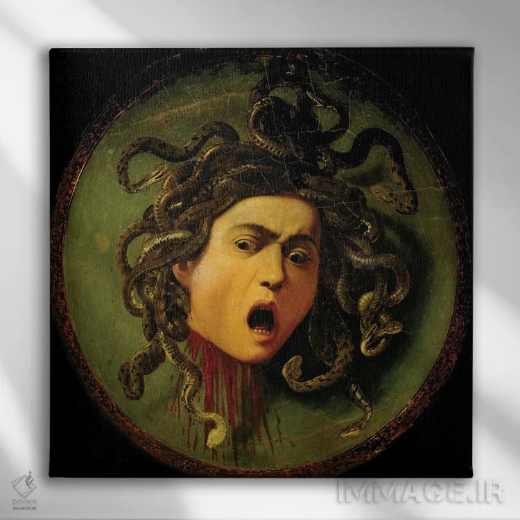 تابلو Painted On A Leather Jousting Shield, C.1596-98,مدوسا، نقاشی شده بر روی سپر چرمی مسابقات، حدود ۱۵۹۶-۹۸ اثر میکلآنژو مریزی دا کاراواجو (کاراواجو؛ نقاش بزرگ ایتالیایی) - نمای روبهرو روی دیوار