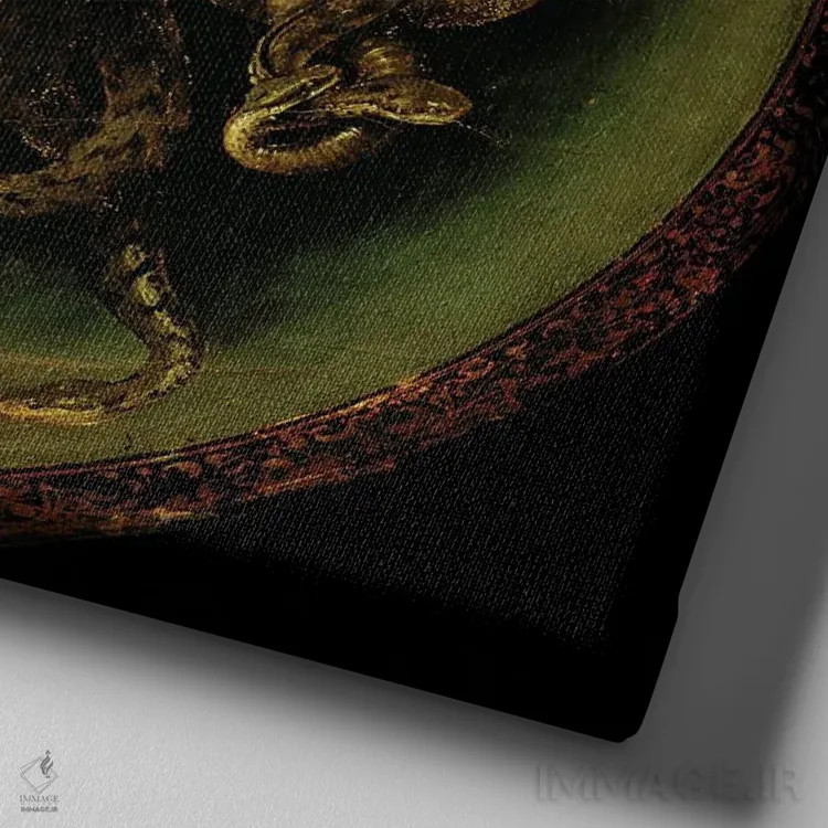 تابلو Painted On A Leather Jousting Shield, C.1596-98,مدوسا، نقاشی شده بر روی سپر چرمی مسابقات، حدود ۱۵۹۶-۹۸ اثر میکلآنژو مریزی دا کاراواجو (کاراواجو؛ نقاش بزرگ ایتالیایی) - نمای نزدیک بافت بوم