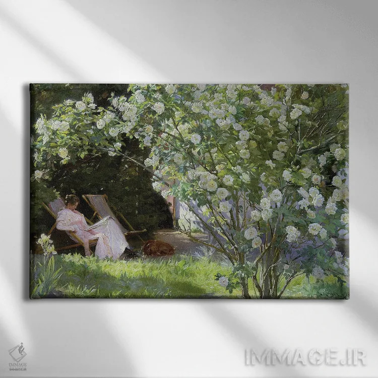 تابلو گلهای رز یا همسر هنرمند در باغ اسکاین، ۱۸۸۳ اثر پدر سورین کرُیِر - نمای روبهرو روی دیوار