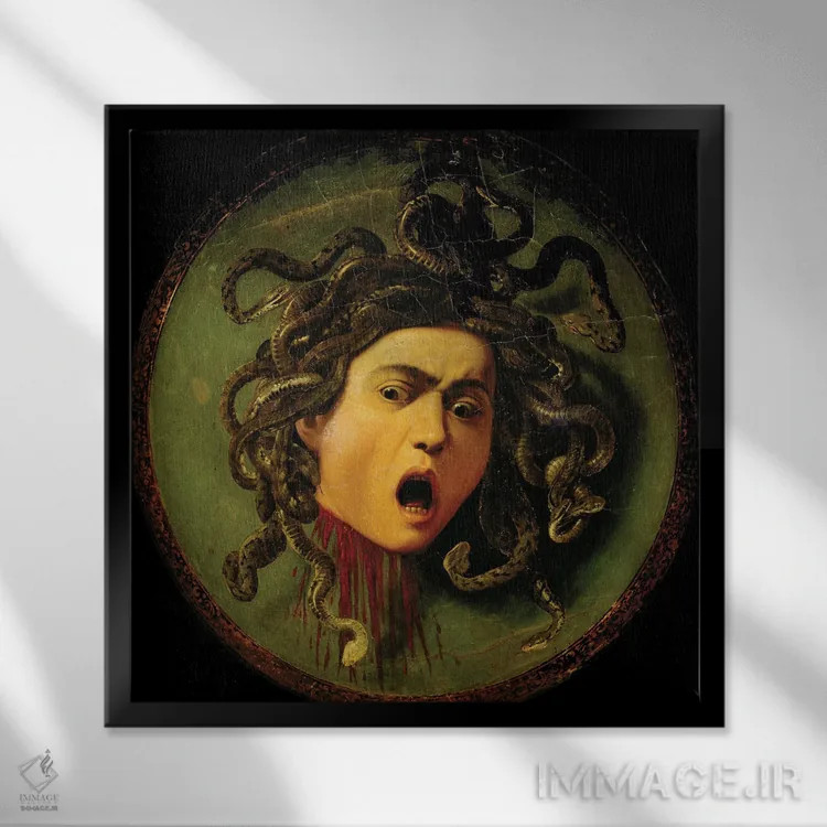 تابلو Painted On A Leather Jousting Shield, C.1596-98,مدوسا، نقاشی شده بر روی سپر چرمی مسابقات، حدود ۱۵۹۶-۹۸ اثر میکلآنژو مریزی دا کاراواجو (کاراواجو؛ نقاش بزرگ ایتالیایی) - نمای قابدار مشکی