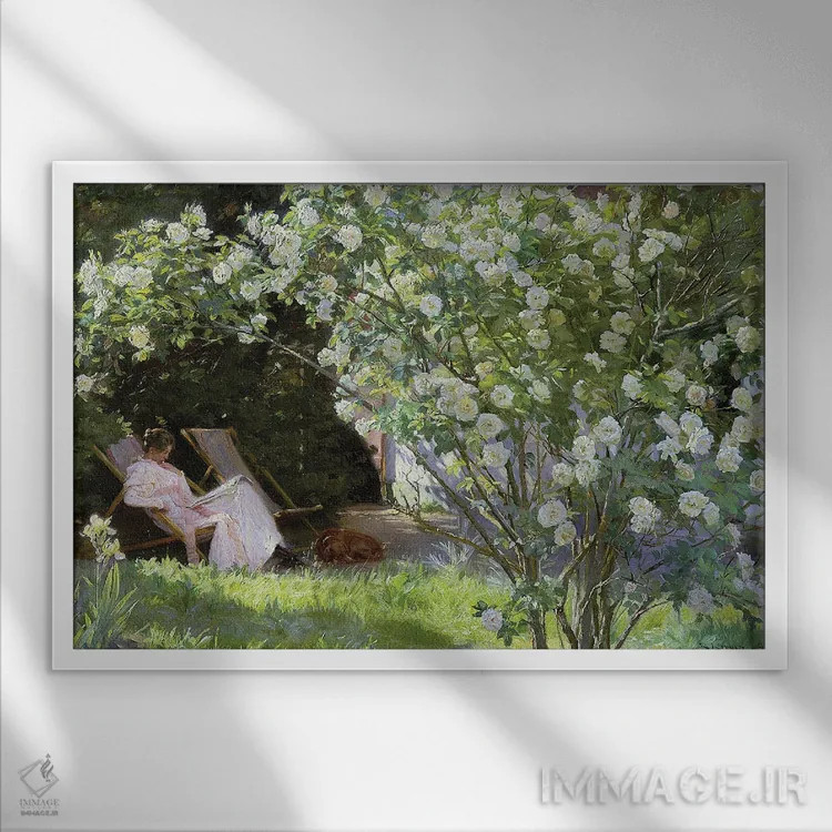 تابلو گلهای رز یا همسر هنرمند در باغ اسکاین، ۱۸۸۳ اثر پدر سورین کرُیِر - نمای قابدار سفید