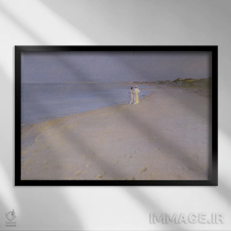 تابلو غروب تابستانی در ساحل جنوبی، اسکاین، ۱۸۹۳ اثر پدر سورین کرُیِر - نمای قابدار مشکی