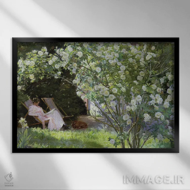 تابلو گلهای رز یا همسر هنرمند در باغ اسکاین، ۱۸۸۳ اثر پدر سورین کرُیِر - نمای قابدار مشکی