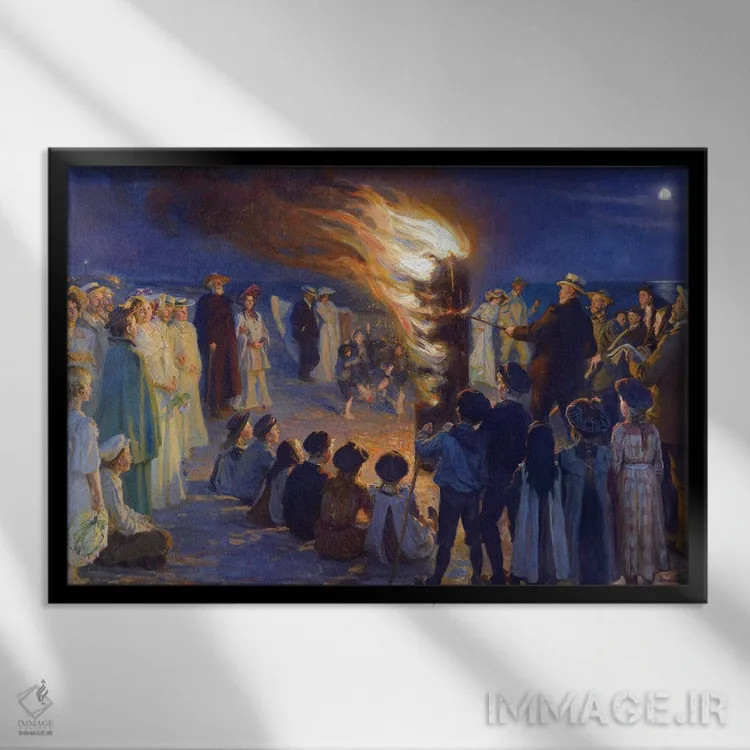 تابلو آتشبازی شب نیمهتابستان در ساحل اسکاین اثر پدر سورین کرُیِر - نمای قابدار مشکی