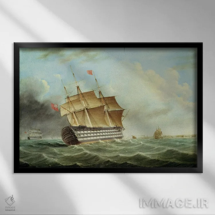 تابلو کشتی جنگی بریتانیایی اثر توماس باتروسورث - نمای قابدار مشکی