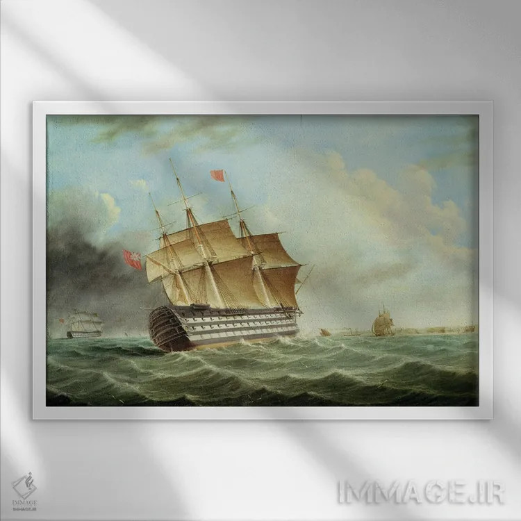 تابلو کشتی جنگی بریتانیایی اثر توماس باتروسورث - نمای قابدار سفید