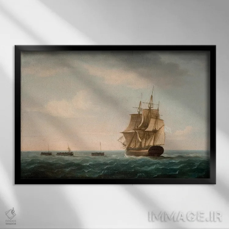 تابلو نجات خدمهٔ کشتی "گارباور" توسط کشتی بازرگانی فرانسوی، ۲ ژانویه ۱۷۹۰ اثر توماس باتروسورث - نمای قابدار مشکی