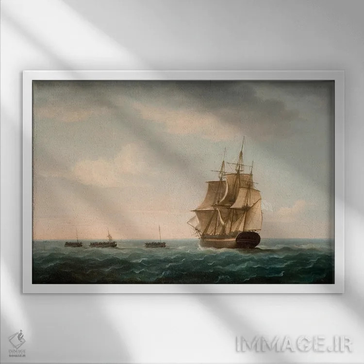 تابلو نجات خدمهٔ کشتی "گارباور" توسط کشتی بازرگانی فرانسوی، ۲ ژانویه ۱۷۹۰ اثر توماس باتروسورث - نمای قابدار سفید