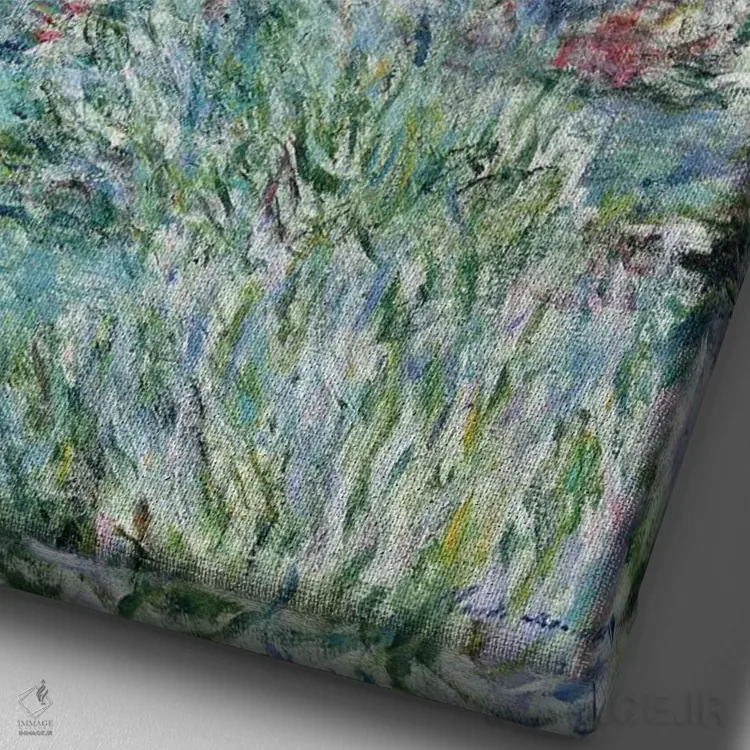 تابلو خانهای در ژیورنی زیر گلهای رز، ۱۹۲۵ اثر کلود مونه (نقاش معروف فرانسوی) - نمای نزدیک بافت بوم