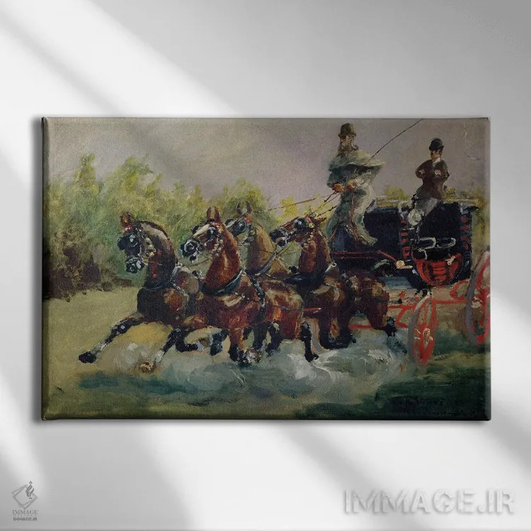 تابلو آلفونس دو تولوز-لوترک-مونفا در حال راندن کالسکه پستیاش در نیس، ۱۸۸۱ اثر آنری دو تولوز-لوترک - نمای روبهرو روی دیوار