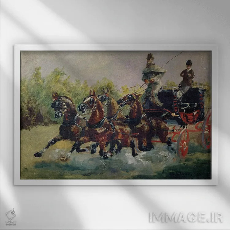 تابلو آلفونس دو تولوز-لوترک-مونفا در حال راندن کالسکه پستیاش در نیس، ۱۸۸۱ اثر آنری دو تولوز-لوترک - نمای قابدار سفید