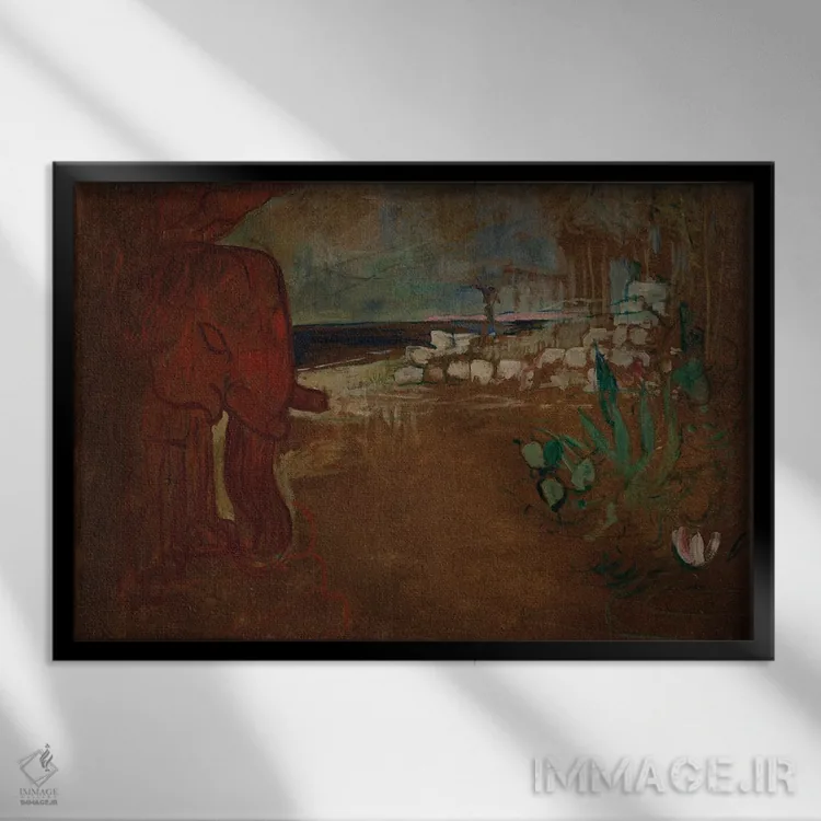 تابلو Maquette De Décor Pour Le Théâtre De L'Œuvre, 1894,دکور هندی برای "ارابه سفالی"، ماکت دکور برای تئاتر لوور، ۱۸۹۴ اثر آنری دو تولوز-لوترک - نمای قابدار مشکی