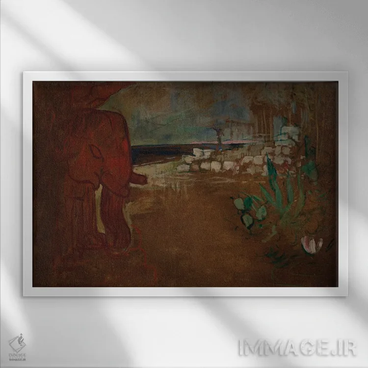 تابلو Maquette De Décor Pour Le Théâtre De L'Œuvre, 1894,دکور هندی برای "ارابه سفالی"، ماکت دکور برای تئاتر لوور، ۱۸۹۴ اثر آنری دو تولوز-لوترک - نمای قابدار سفید