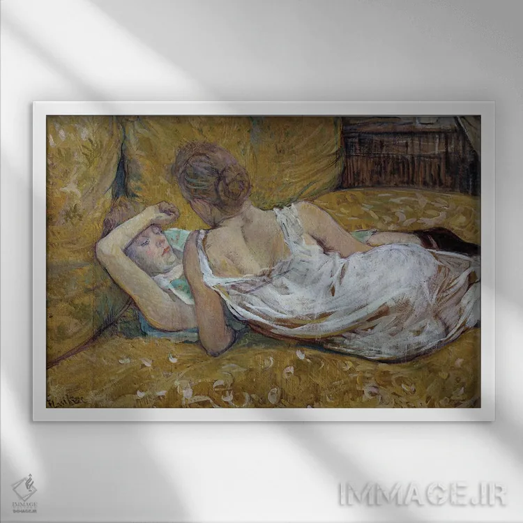 تابلو 1895,دو دوست: دختران جوان درازکشیده روی تخت، ۱۸۹۵ اثر آنری دو تولوز-لوترک - نمای قابدار سفید