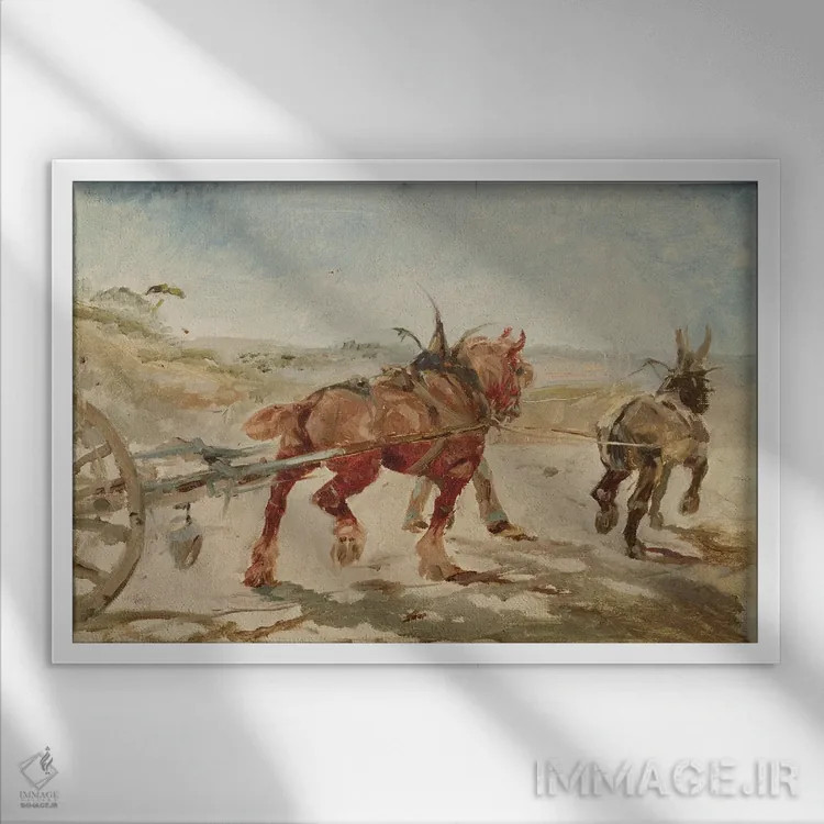 تابلو تیمی از اسبها در افسار اثر آنری دو تولوز-لوترک - نمای قابدار سفید