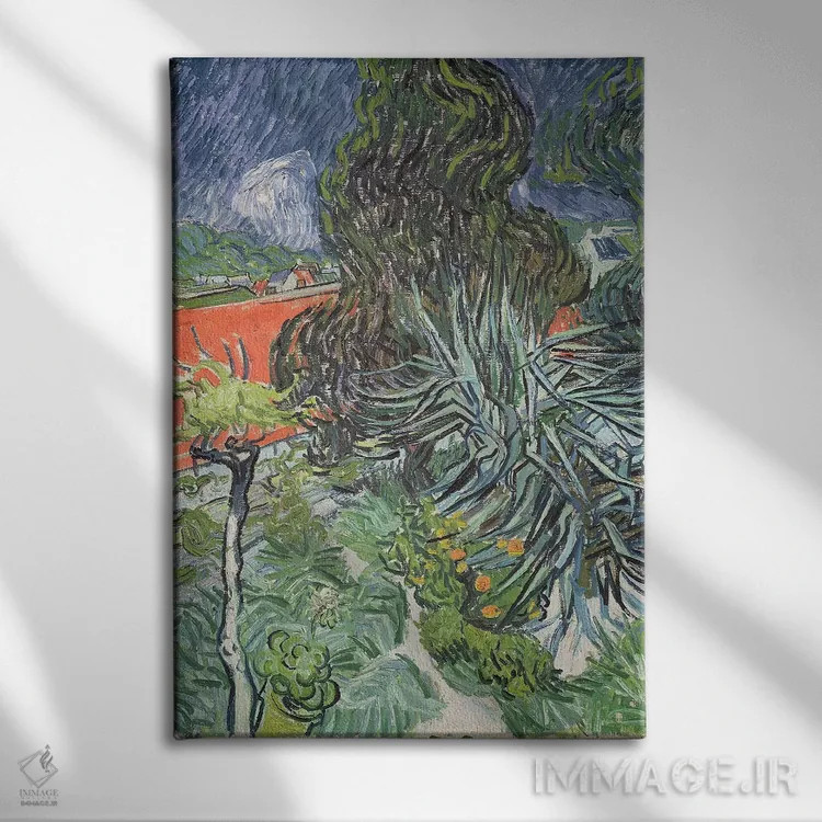تابلو باغ دکتر گاچه در آور-سور-اواز، ۱۸۹۰ (فرانسه) اثر ونسان ون گوگ (نقاش مشهور هلندی پستامپرسیونیسم) - نمای روبهرو روی دیوار