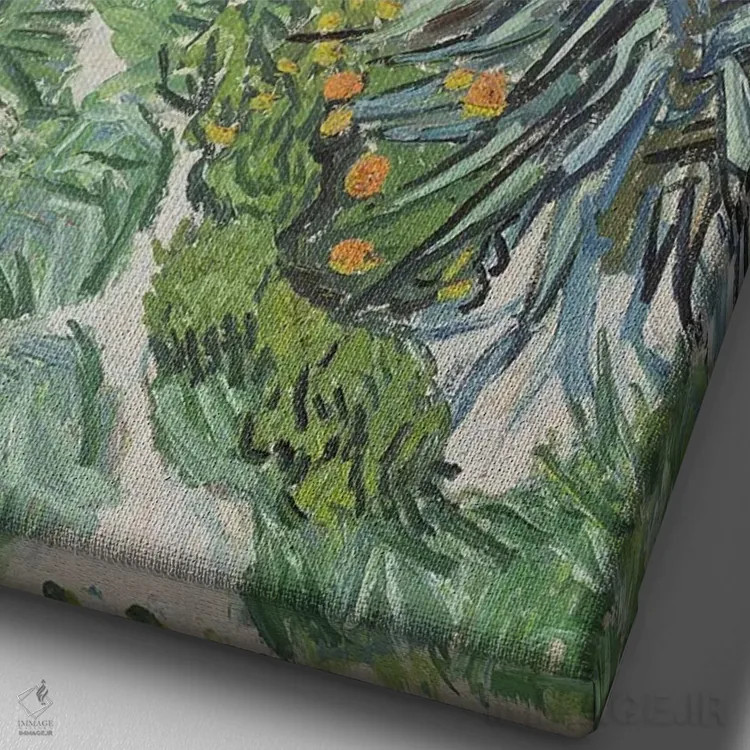 تابلو باغ دکتر گاچه در آور-سور-اواز، ۱۸۹۰ (فرانسه) اثر ونسان ون گوگ (نقاش مشهور هلندی پستامپرسیونیسم) - نمای نزدیک بافت بوم