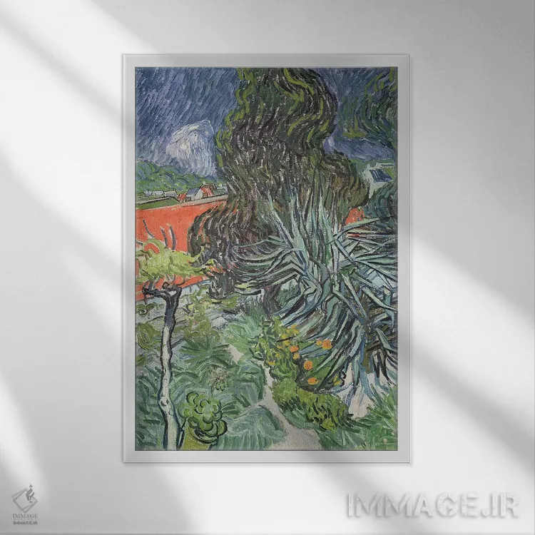 تابلو باغ دکتر گاچه در آور-سور-اواز، ۱۸۹۰ (فرانسه) اثر ونسان ون گوگ (نقاش مشهور هلندی پستامپرسیونیسم) - نمای قابدار سفید