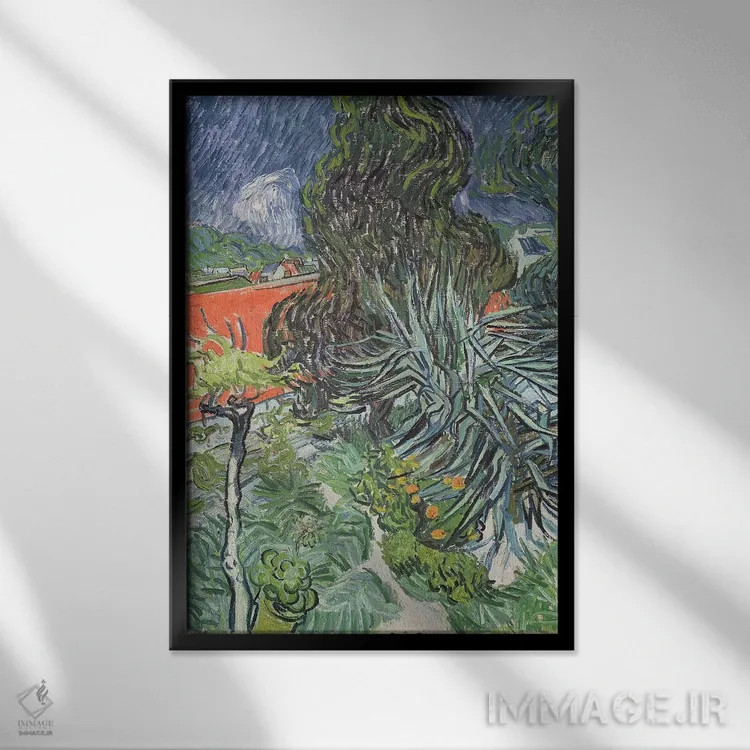 تابلو باغ دکتر گاچه در آور-سور-اواز، ۱۸۹۰ (فرانسه) اثر ونسان ون گوگ (نقاش مشهور هلندی پستامپرسیونیسم) - نمای قابدار مشکی