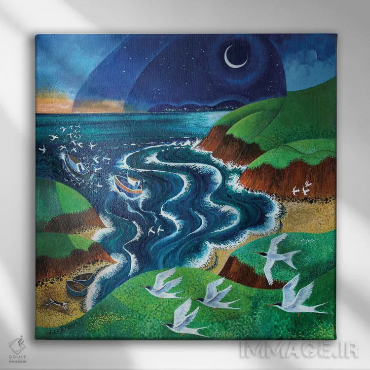 تابلو مرغان دریایی گرسنه، ۲۰۱۷ اثر لیزا گرا یِنسن - نمای روبهرو روی دیوار