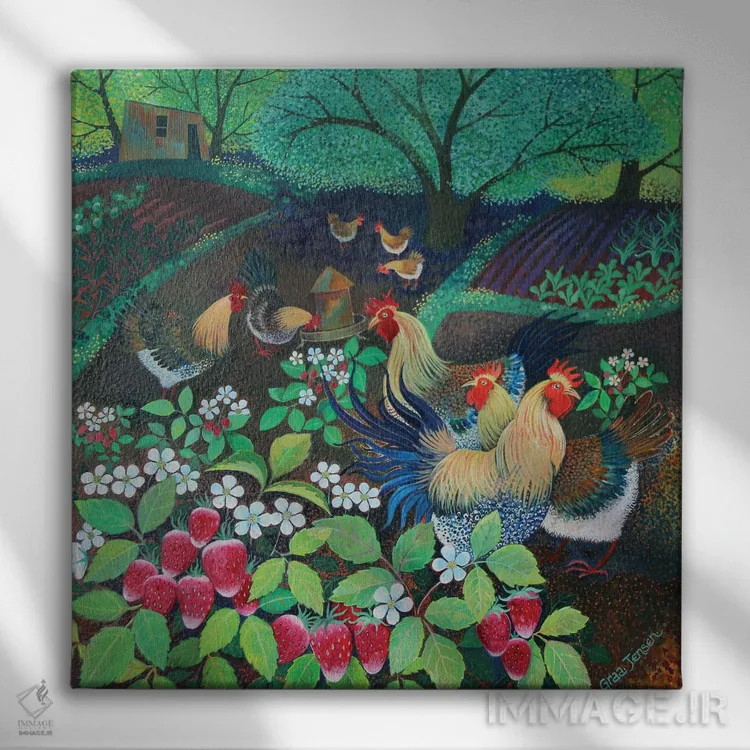 تابلو جشن مرغها، ۲۰۱۶ اثر لیزا گرا یِنسن - نمای روبهرو روی دیوار