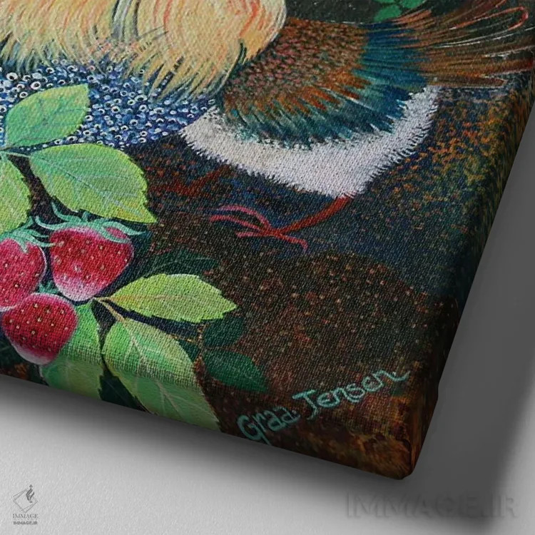 تابلو جشن مرغها، ۲۰۱۶ اثر لیزا گرا یِنسن - نمای نزدیک بافت بوم