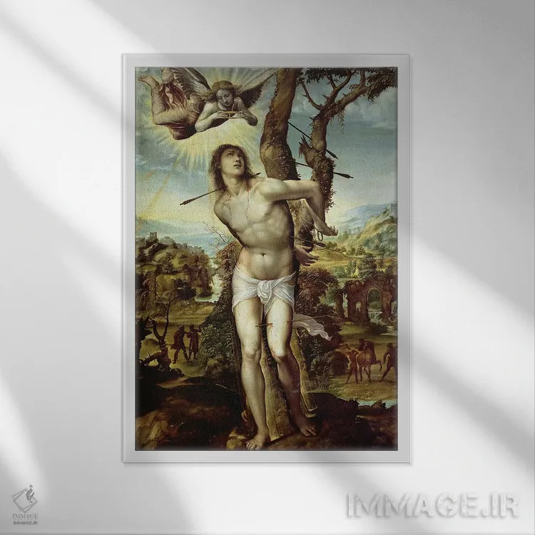 تابلو سنت سباستین (نقاشی معنویتی) اثر جیووانی آنتونیو باسی سودا (نقاش رنسانس ایتالیا) - نمای قابدار سفید