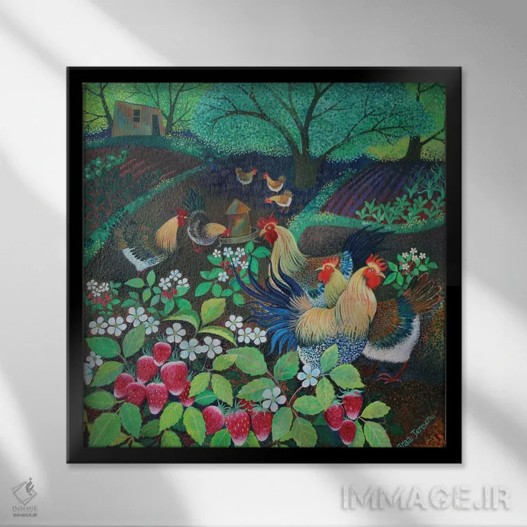 تابلو جشن مرغها، ۲۰۱۶ اثر لیزا گرا یِنسن - نمای قابدار مشکی