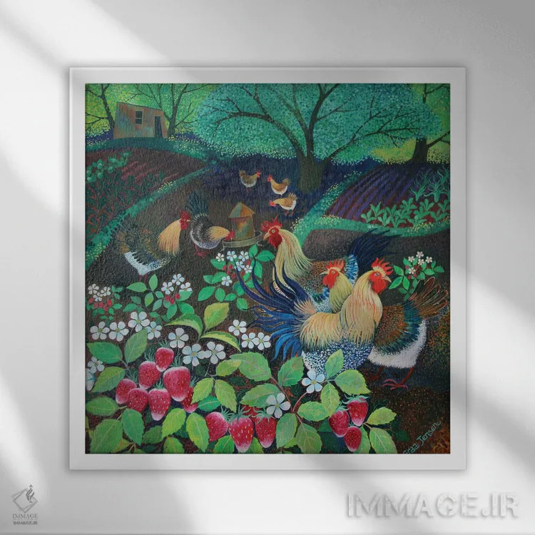 تابلو جشن مرغها، ۲۰۱۶ اثر لیزا گرا یِنسن - نمای قابدار سفید