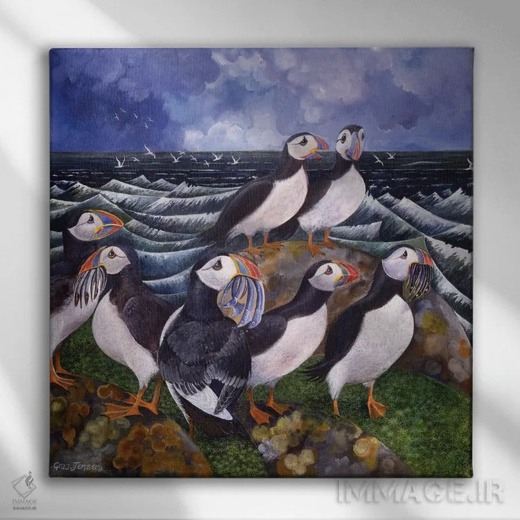 تابلو پافینها (پرندگان دریایی)، ۲۰۰۰ اثر لیزا گرا یِنسن - نمای روبهرو روی دیوار