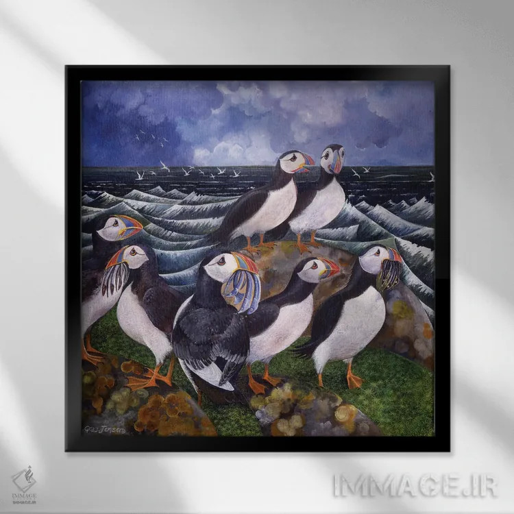 تابلو پافینها (پرندگان دریایی)، ۲۰۰۰ اثر لیزا گرا یِنسن - نمای قابدار مشکی