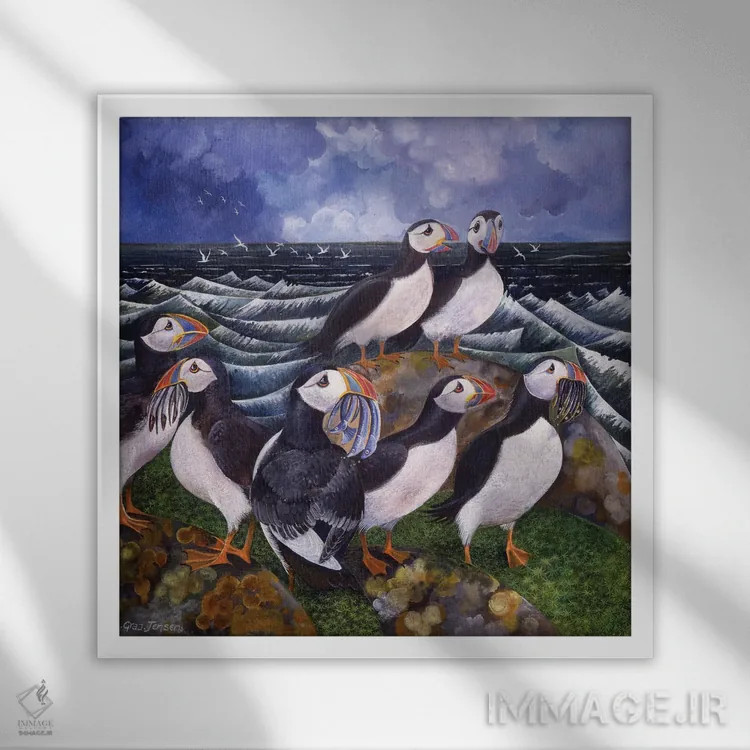تابلو پافینها (پرندگان دریایی)، ۲۰۰۰ اثر لیزا گرا یِنسن - نمای قابدار سفید